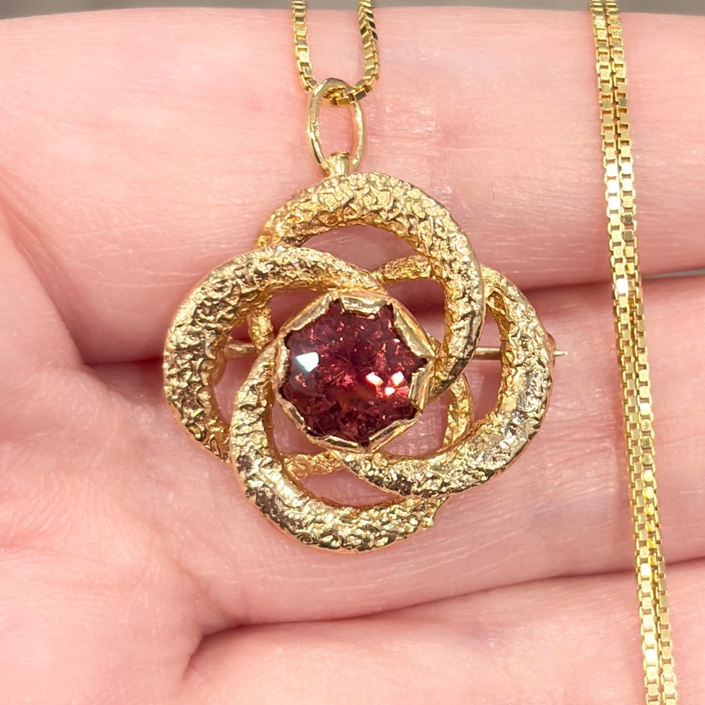 Vintage 14K Gold Pink Tourmaline Brooch Pendant: Celtic Clover Design